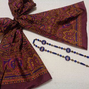 RETRO SILK PURPLES PAISLEYS SCARF & PURPLE GOLD GLASS BEADS NECKLACE LOT